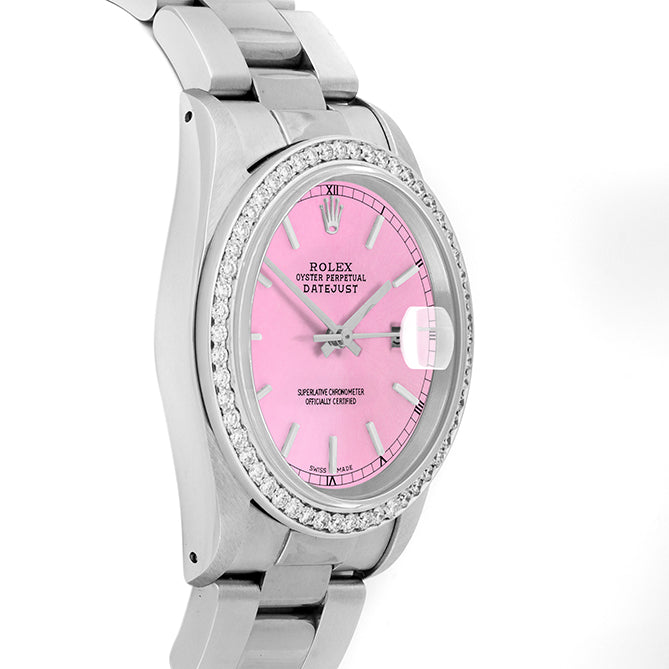 Rolex Datejust 36mm STAINLESS STEEL 16234 Pink  Dial | Sticks Hour Markers, 1 ct Diamond Bezel