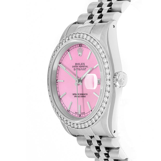 Rolex Datejust 36mm STAINLESS STEEL 16234 Pink Dial | Stick Hour Markers | 1.8ct Diamond Bezel