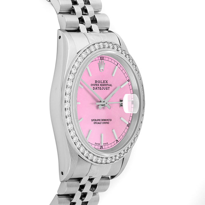 Rolex Datejust 36mm STAINLESS STEEL 16234 Pink Dial | Stick Hour Markers | 1.8ct Diamond Bezel