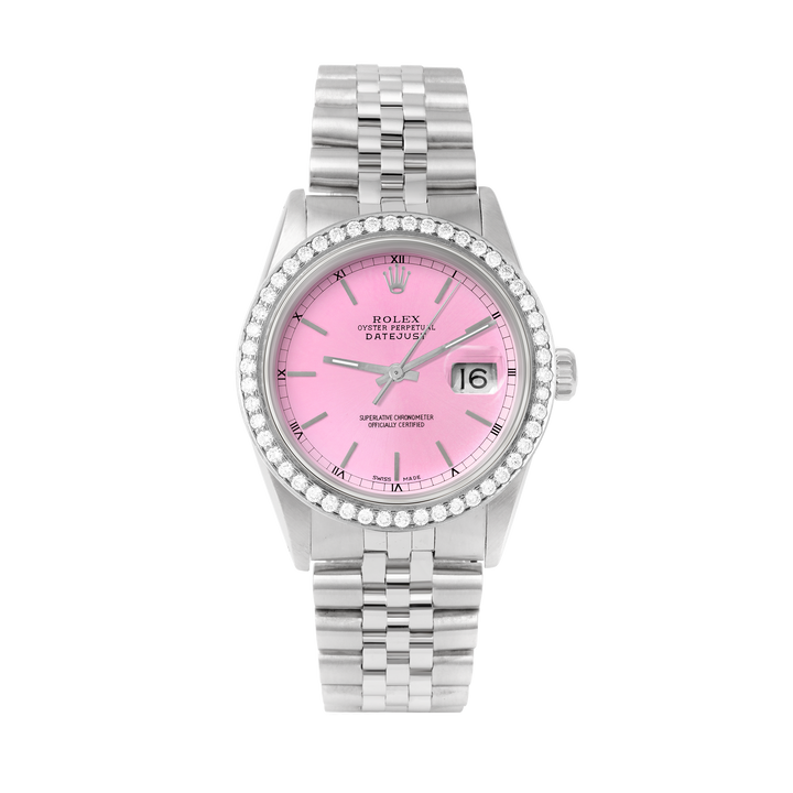 Rolex Datejust 36mm STAINLESS STEEL 16234 Pink Dial | Stick Hour Markers | 1.8ct Diamond Bezel