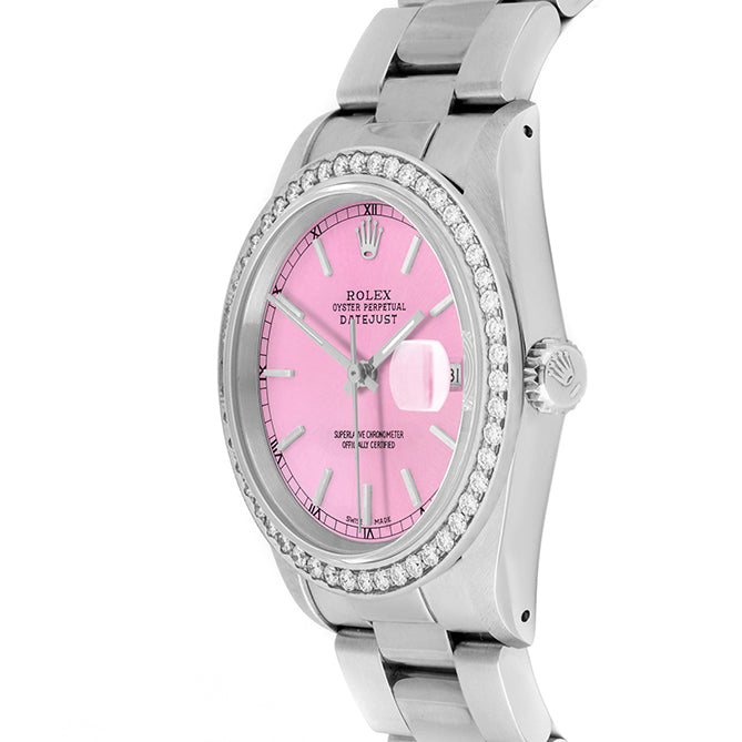 Rolex Datejust 36mm STAINLESS STEEL 16234 Pink Dial | Stick Hour Markers, 1.8ct Diamond Bezel