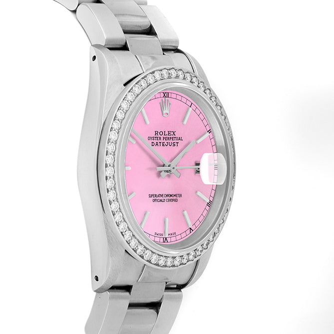 Rolex Datejust 36mm STAINLESS STEEL 16234 Pink Dial | Stick Hour Markers, 1.8ct Diamond Bezel