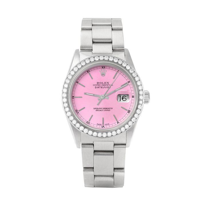 Rolex Datejust 36mm STAINLESS STEEL 16234 Pink Dial | Stick Hour Markers, 1.8ct Diamond Bezel