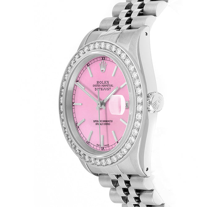 Rolex Datejust 36mm STAINLESS STEEL 16234 Pink Dial | Sticks Hour Markers, 2 ct Diamond Bezel