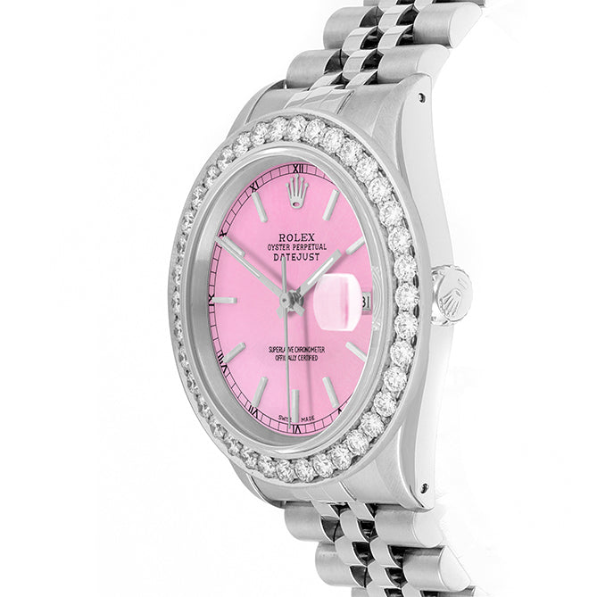 Rolex Datejust 36mm STAINLESS STEEL 16234 Pink Dial | Stick Hour Markers, 2.5 ct Diamond Bezel