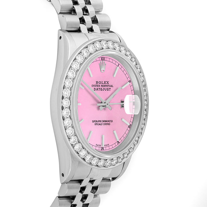 Rolex Datejust 36mm STAINLESS STEEL 16234 Pink Dial | Stick Hour Markers, 2.5 ct Diamond Bezel
