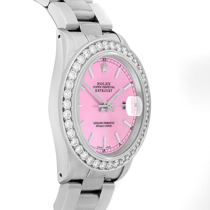 Rolex Datejust 36mm STAINLESS STEEL 16234 Pink Dial | Stick Hour Markers, 2.5 ct Diamond Bezel