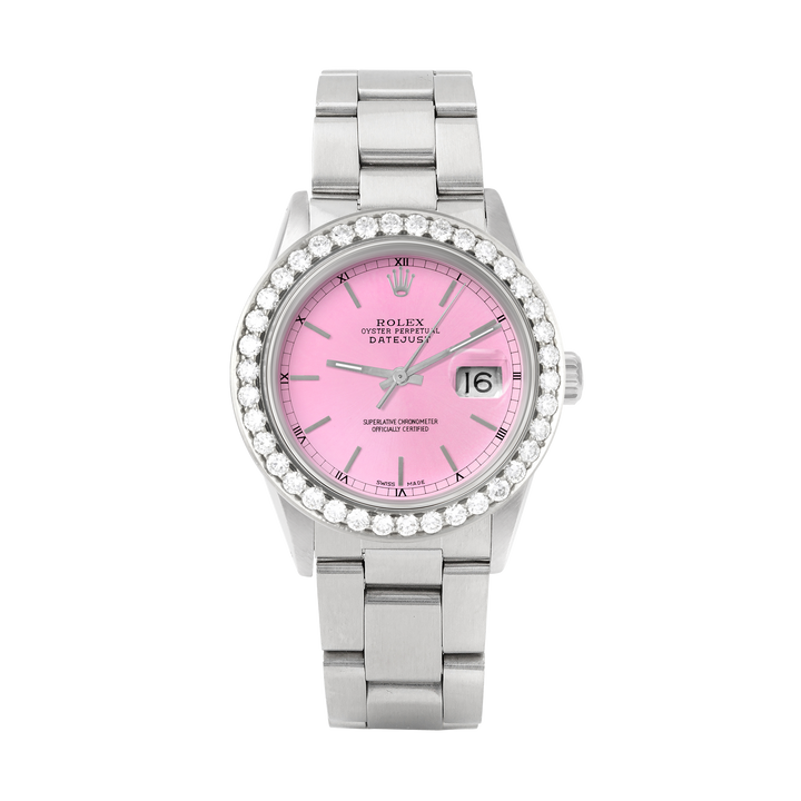 Rolex Datejust 36mm STAINLESS STEEL 16234 Pink Dial | Stick Hour Markers, 2.5 ct Diamond Bezel