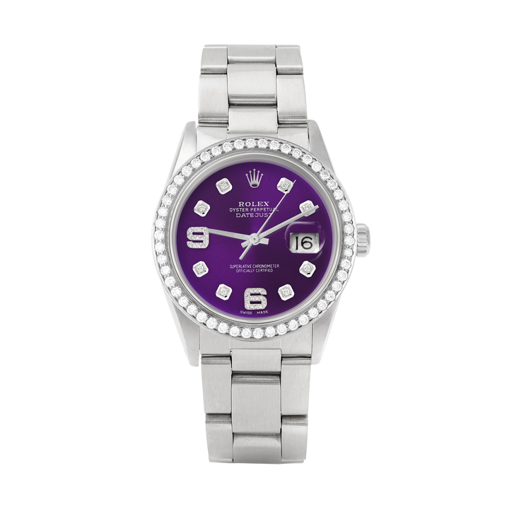 Rolex Datejust 36mm STAINLESS STEEL 16234 Purple Dial | 6&9 Diamond |Diamond Hour Markers | 1.8 ct Diamond Bezel