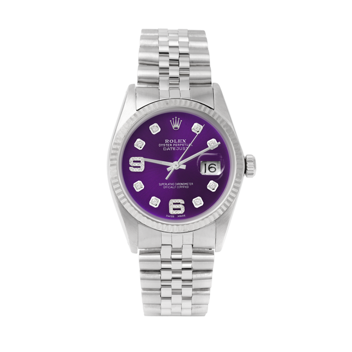 Rolex Datejust 36mm STAINLESS STEEL 16234  Purple Dial | 6&9 Diamond | Fluted Bazel