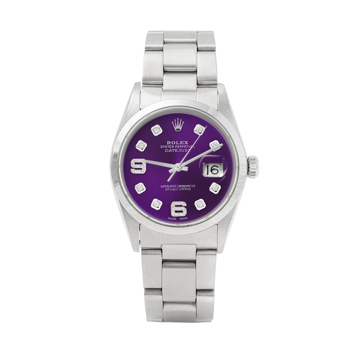 Rolex Datejust 36mm STAINLESS STEEL 16200 Purple Dial | 6&9 Diamond | Smooth Bazel