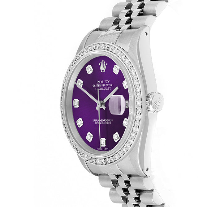 Rolex Datejust 36mm STAINLESS STEEL 16234 Purple Dial | Diamond Hour Markers, 1 ct Diamond Bezel