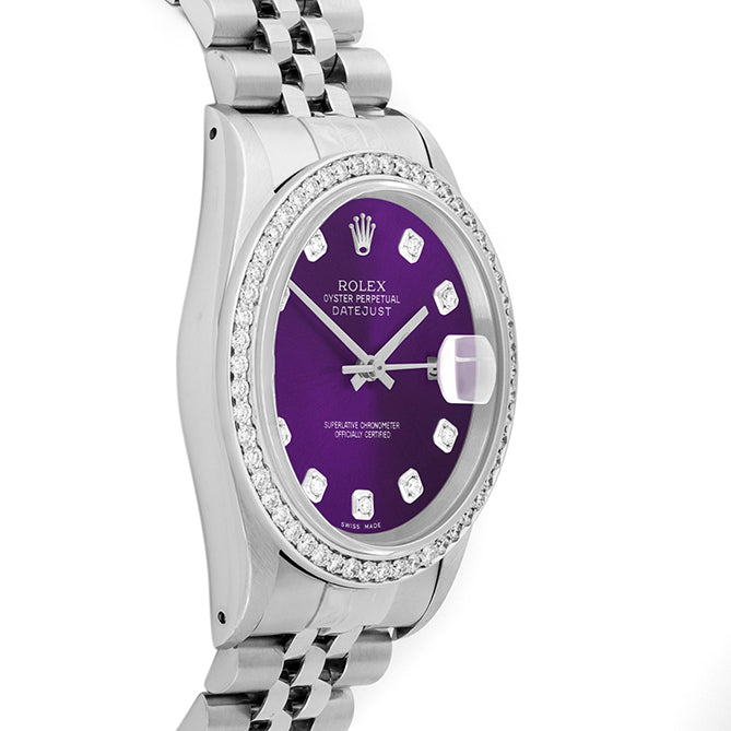 Rolex Datejust 36mm STAINLESS STEEL 16234 Purple Dial | Diamond Hour Markers, 1 ct Diamond Bezel