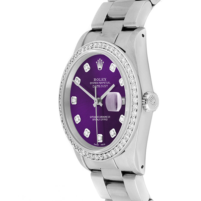 Rolex Datejust 36mm STAINLESS STEEL 16234 Purple Dial | Diamond Hour Markers, 1 ct Diamond Bezel