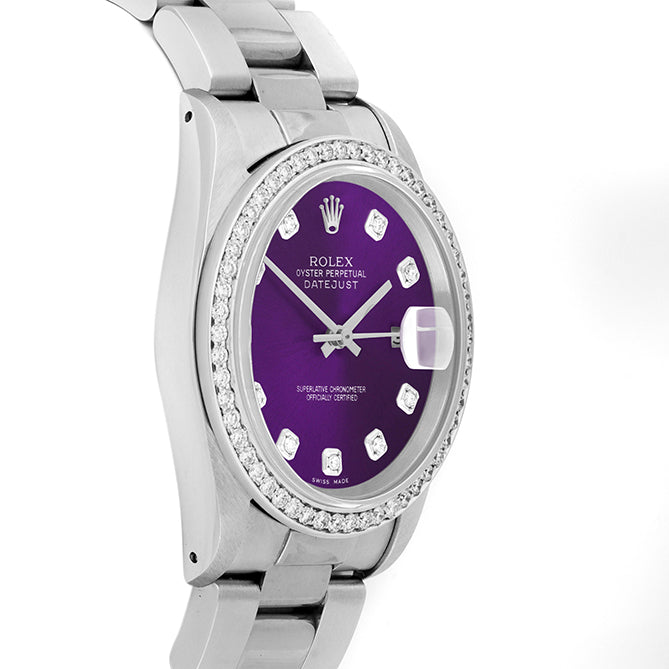 Rolex Datejust 36mm STAINLESS STEEL 16234 Purple Dial | Diamond Hour Markers, 1 ct Diamond Bezel
