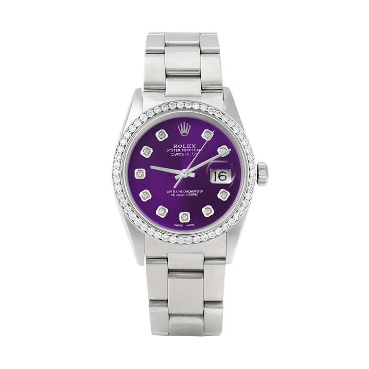 Rolex Datejust 36mm STAINLESS STEEL 16234 Purple Dial | Diamond Hour Markers, 1 ct Diamond Bezel
