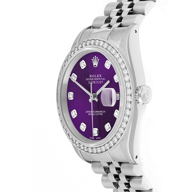 Rolex Datejust 36mm STAINLESS STEEL 16234 Purple  Dial | Diamond Hour Markers, 1.8 ct Diamond Bezel