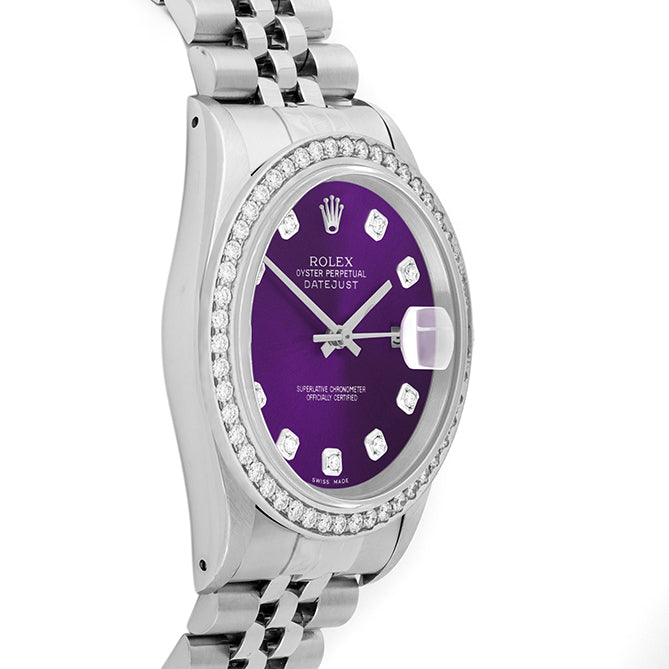 Rolex Datejust 36mm STAINLESS STEEL 16234 Purple  Dial | Diamond Hour Markers, 1.8 ct Diamond Bezel