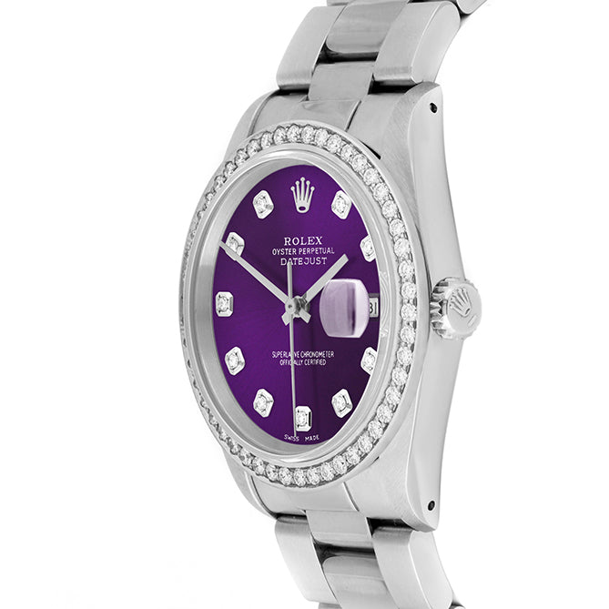 Rolex Datejust 36mm STAINLESS STEEL 16234 Purple  Dial | Diamond Hour Markers, 1.8 ct Diamond Bezel