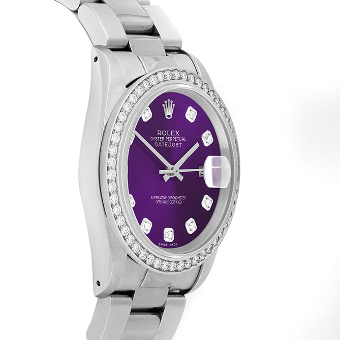 Rolex Datejust 36mm STAINLESS STEEL 16234 Purple  Dial | Diamond Hour Markers, 1.8 ct Diamond Bezel