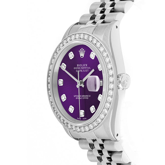 Rolex Datejust 36mm STAINLESS STEEL 16234 Purple Dial | Diamond Hour Markers, 2 ct Diamond Bezel