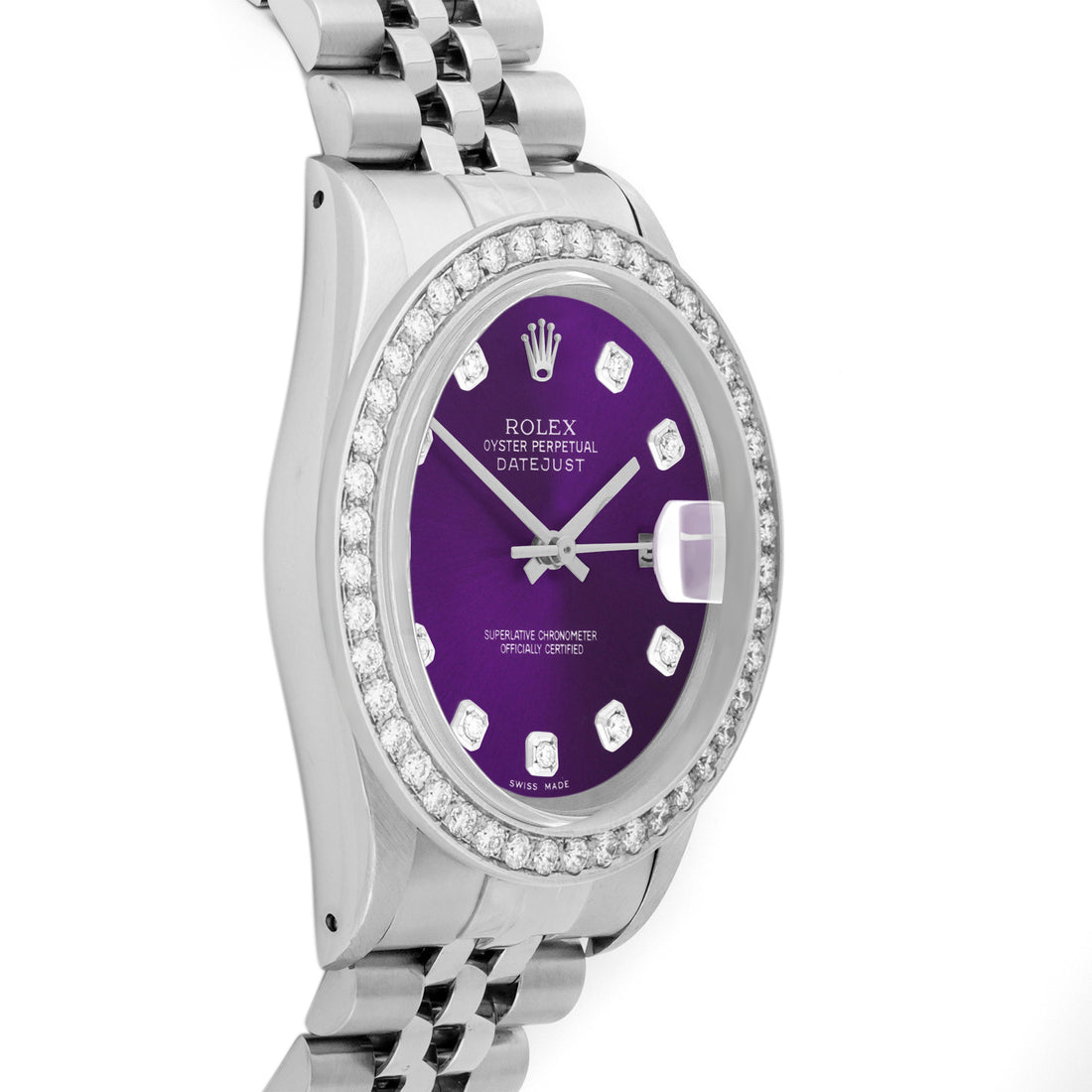 Rolex Datejust 36mm STAINLESS STEEL 16234 Purple Dial | Diamond Hour Markers, 2 ct Diamond Bezel