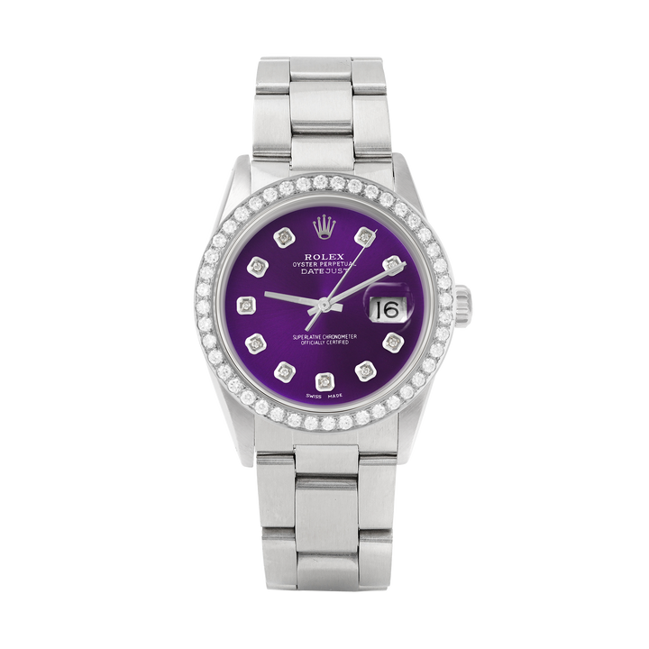 Rolex Datejust 36mm STAINLESS STEEL 16234 Purple Dial | Diamond Hour Markers, 2 ct Diamond Bezel