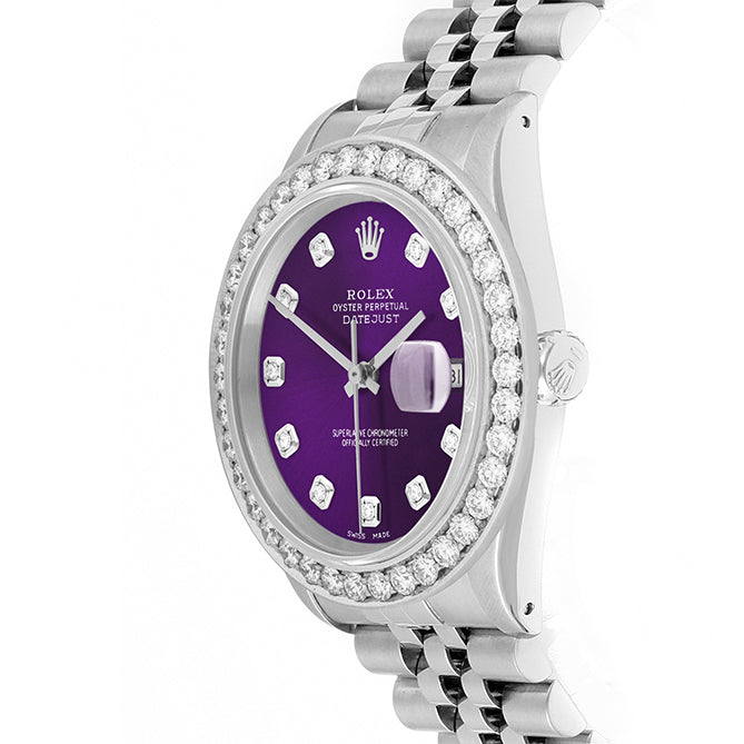 Rolex Datejust 36mm STAINLESS STEEL 16234 Purple  Dial | Diamond Hour Markers | 2.5 ct Diamond Bezel