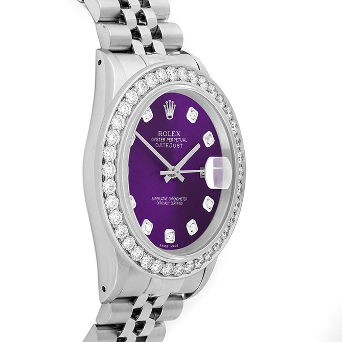 Rolex Datejust 36mm STAINLESS STEEL 16234 Purple  Dial | Diamond Hour Markers | 2.5 ct Diamond Bezel