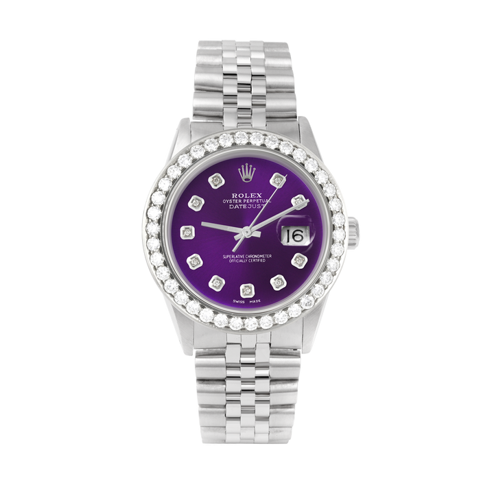 Rolex Datejust 36mm STAINLESS STEEL 16234 Purple  Dial | Diamond Hour Markers | 2.5 ct Diamond Bezel