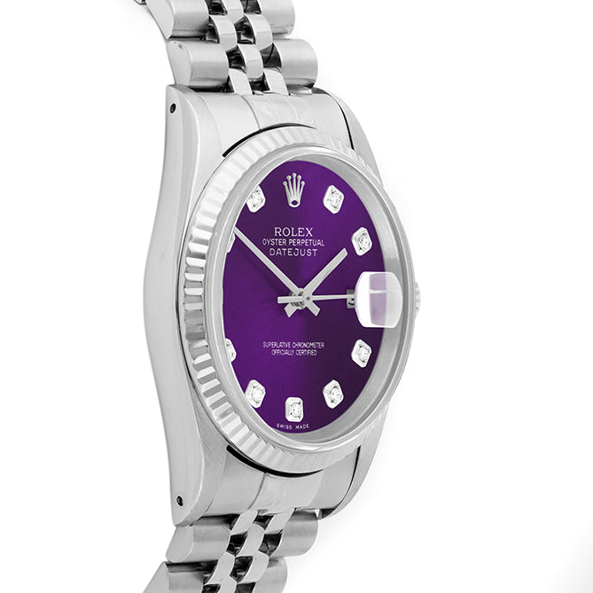 Rolex Datejust 36mm STAINLESS STEEL 16234 Purple  Dial | Diamond Hour Markers | Fluted Bezel