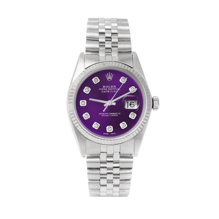 Rolex Datejust 36mm STAINLESS STEEL 16234 Purple  Dial | Diamond Hour Markers | Fluted Bezel