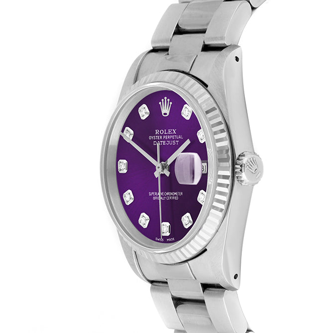 Rolex Datejust 36mm STAINLESS STEEL 16234 Purple Dial | Diamond Hour Markers | Fluted Bezel