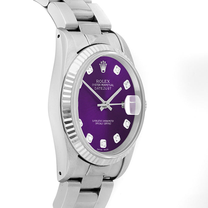 Rolex Datejust 36mm STAINLESS STEEL 16234 Purple Dial | Diamond Hour Markers | Fluted Bezel
