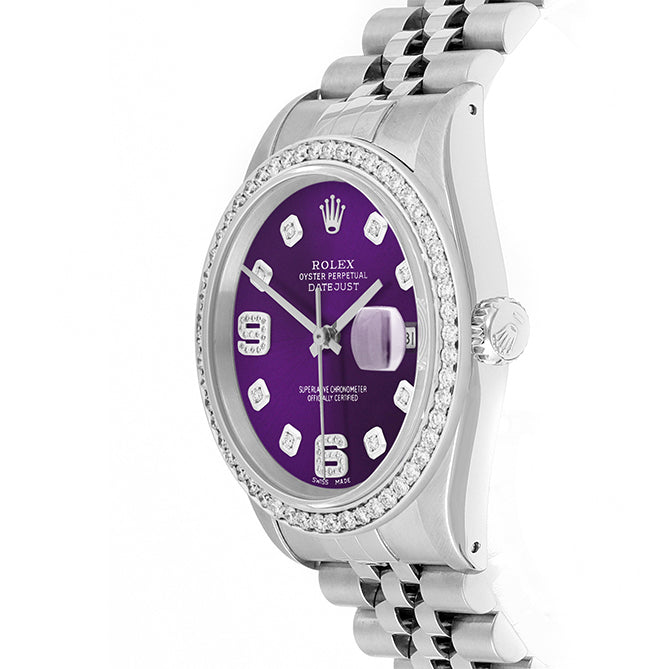 Rolex Datejust 36mm STAINLESS STEEL 16234 Purple Dial | 6&9 Diamond |Diamond Hour Markers | 1 ct Diamond Bezel