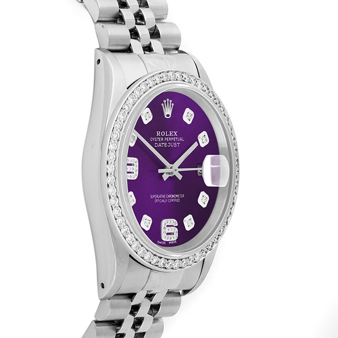 Rolex Datejust 36mm STAINLESS STEEL 16234 Purple Dial | 6&9 Diamond |Diamond Hour Markers | 1 ct Diamond Bezel