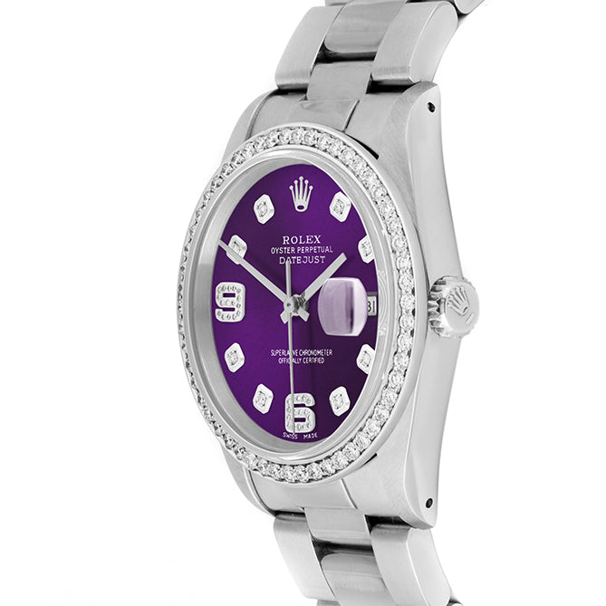 Rolex Datejust 36mm STAINLESS STEEL 16234 Purple Dial | 6&9 Diamond |Diamond Hour Markers | 1 ct Diamond Bezel