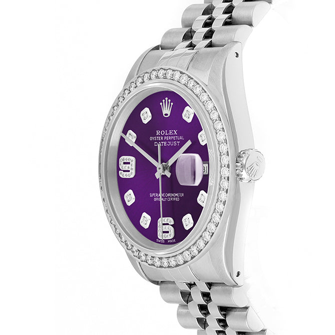 Rolex Datejust 36mm STAINLESS STEEL 16234 Purple Dial | 6&9 Diamond |Diamond Hour Markers | 1.8 ct Diamond Bezel