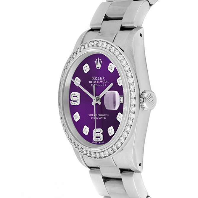 Rolex Datejust 36mm STAINLESS STEEL 16234 Purple Dial | 6&9 Diamond |Diamond Hour Markers | 1.8 ct Diamond Bezel