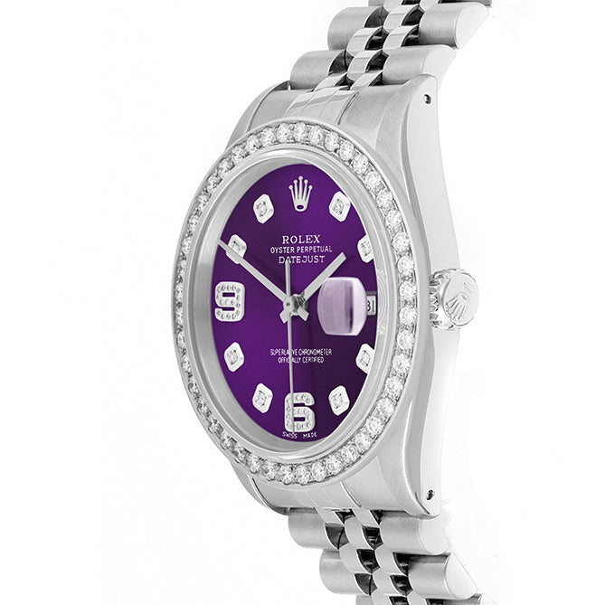 Rolex Datejust 36mm STAINLESS STEEL 16234  Purple  Dial | 6&9 Diamond Hour Markers | 2 ct Diamond Bezel