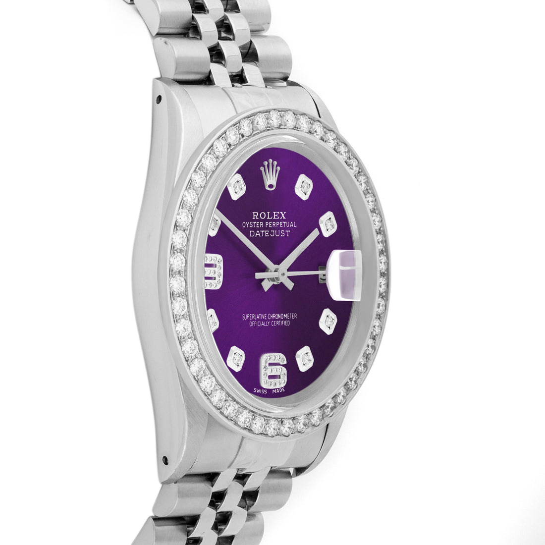 Rolex Datejust 36mm STAINLESS STEEL 16234  Purple  Dial | 6&9 Diamond Hour Markers | 2 ct Diamond Bezel
