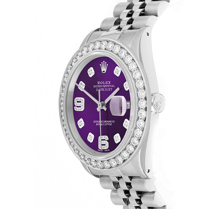 Rolex Datejust 36mm STAINLESS STEEL 16234 Purple Dial |6&9 Diamond Hour Markers | 2.5 ct Diamond Bezel