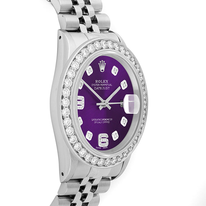Rolex Datejust 36mm STAINLESS STEEL 16234 Purple Dial |6&9 Diamond Hour Markers | 2.5 ct Diamond Bezel