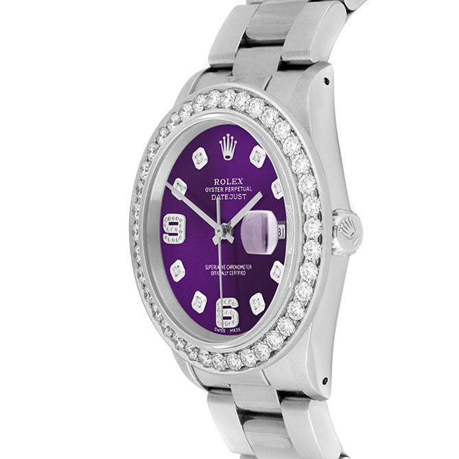 Rolex Datejust 36mm STAINLESS STEEL 16234 Purple Dial |6&9 Diamond Hour Markers | 2.5 ct Diamond Bezel