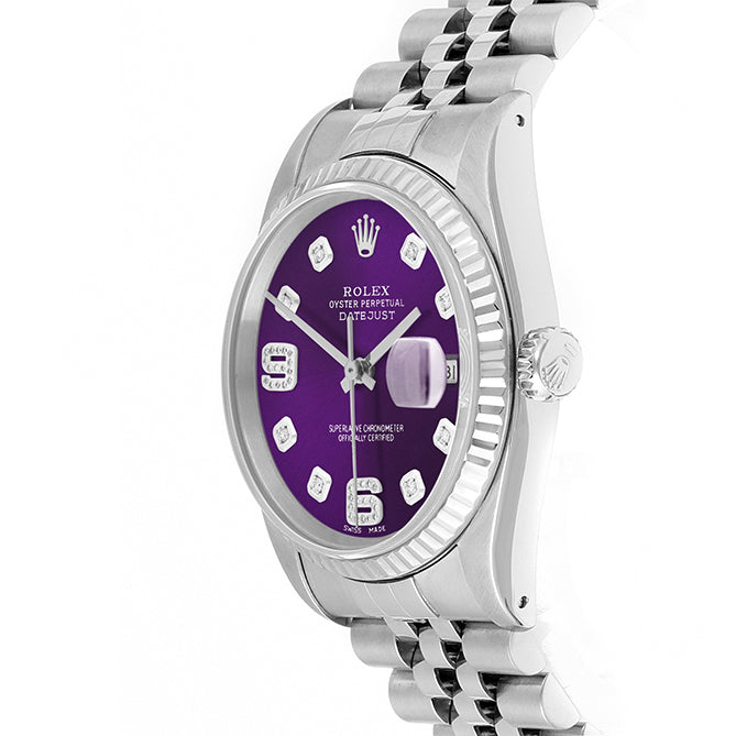 Rolex Datejust 36mm STAINLESS STEEL 16234  Purple Dial | 6&9 Diamond | Fluted Bazel