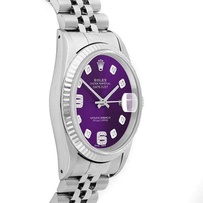 Rolex Datejust 36mm STAINLESS STEEL 16234  Purple Dial | 6&9 Diamond | Fluted Bazel
