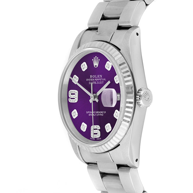 Rolex Datejust 36mm STAINLESS STEEL 16234 Purple Dial| 6&9 Diamond | Fluted bazel