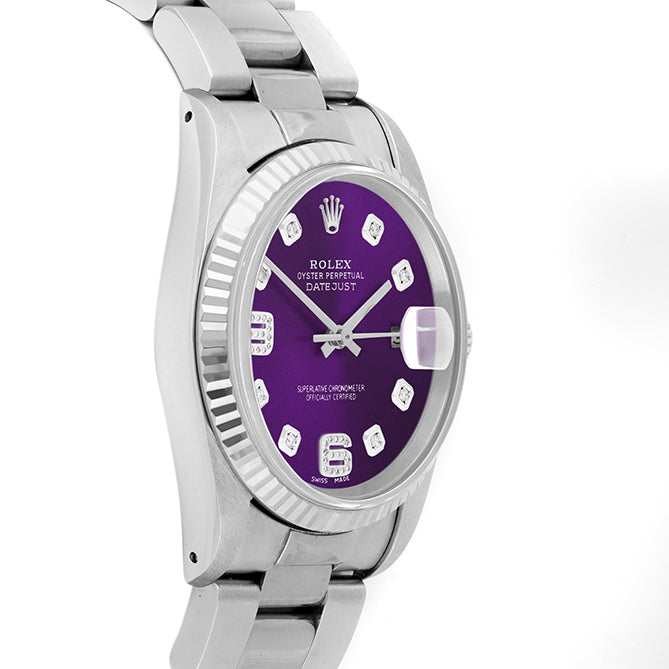Rolex Datejust 36mm STAINLESS STEEL 16234 Purple Dial| 6&9 Diamond | Fluted bazel