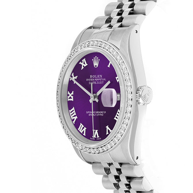 Rolex Datejust 36mm STAINLESS STEEL 16234 Purple Dial | Roman Hour Markers | 1 ct Diamond Bezel