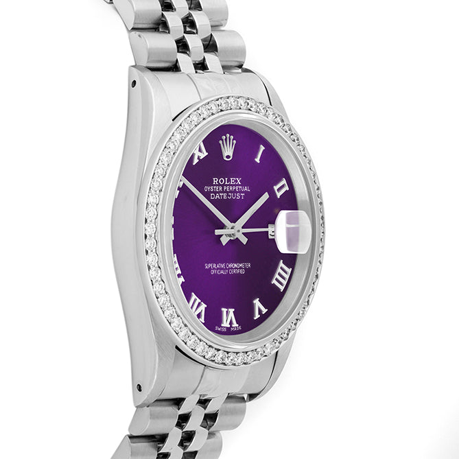 Rolex Datejust 36mm STAINLESS STEEL 16234 Purple Dial | Roman Hour Markers | 1 ct Diamond Bezel